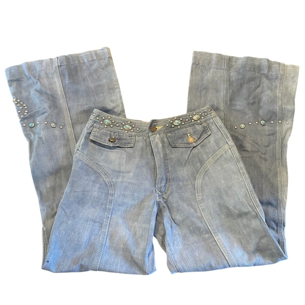 Vintage Faded Glory Studded Turquoise Flare Jeans Womens 7 High Rise Light Wash - Picture 1 of 4